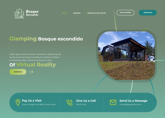 Interfaz web de reserva de cabañas con tarjetas de alojamiento, filtros y llamada a la acción.
