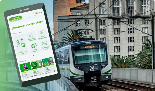 Pantallas de la App Cívica con recorridos, saldo y servicios del Metro de Medellín.