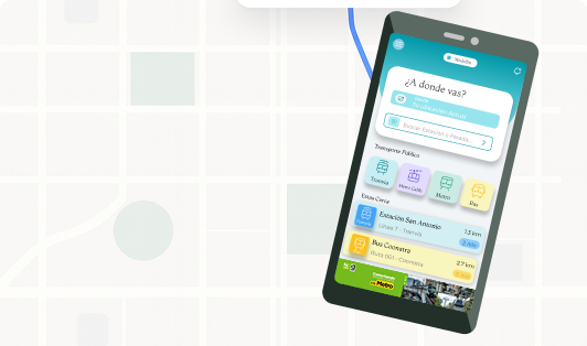 Propuesta móvil de transporte público con mapas, rutas y jerarquía visual simplificada.